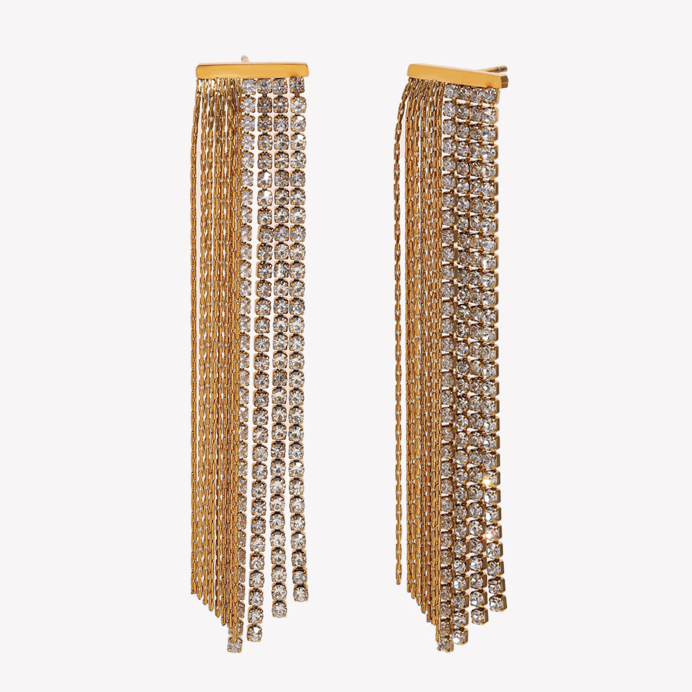 Boucles D'Oreilles De Soirée Pour Femme, 1 Paire, En Acier Inoxydable Doré Imperméable Avec Pompon Et Zircon. 