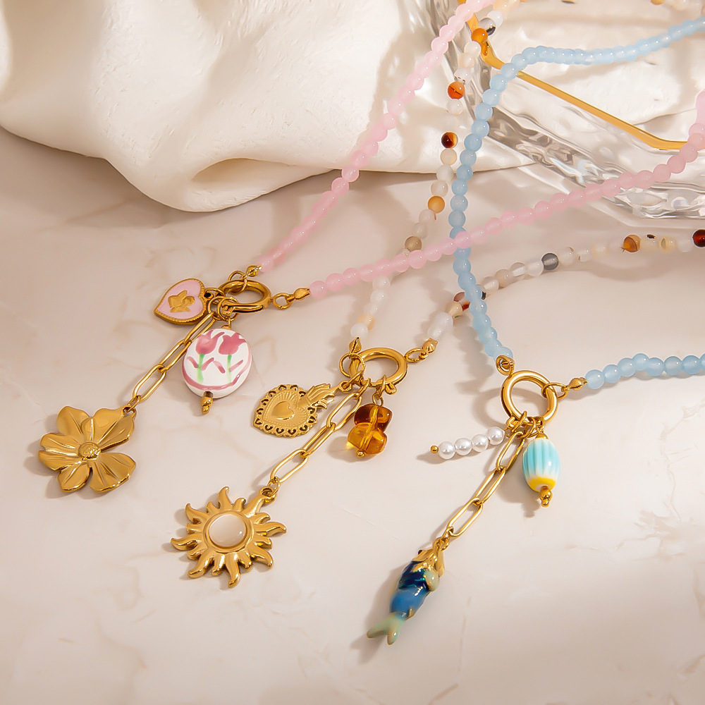 Collier De Perles Pour Femme, Motif Poisson-Soleil Et Fleur Douce, En Acier Inoxydable Étanche Couleur Or (1 Pièce) Image4