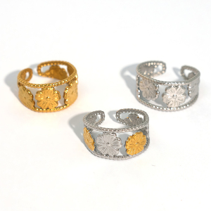 Bague Femme Élégante Et Simple En Acier Inoxydable Doré, Ornée D'Une Fleur. h5 Image5
