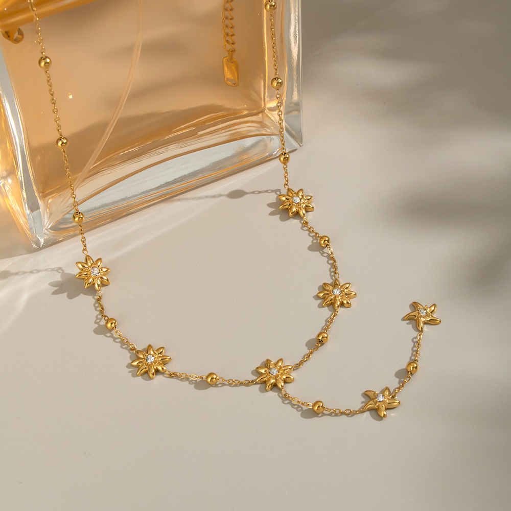 Ensemble Collier Et Collier En Acier Inoxydable Doré, Imperméable, Avec Motif Floral Image2