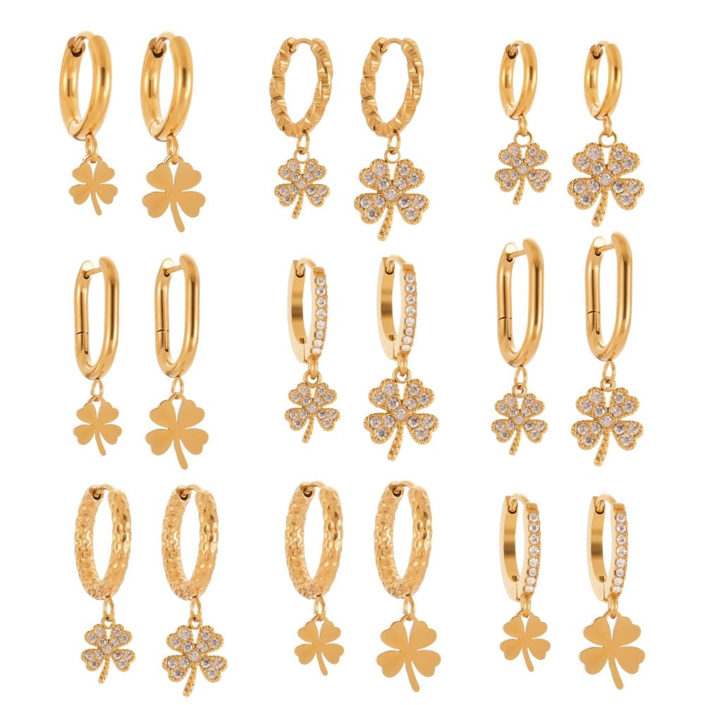 1 Paire De Boucles D'Oreilles Pendantes Élégantes En Acier Inoxydable Doré, Ornées De Zircon, En Forme De Trèfle, Pour Femme. Image7