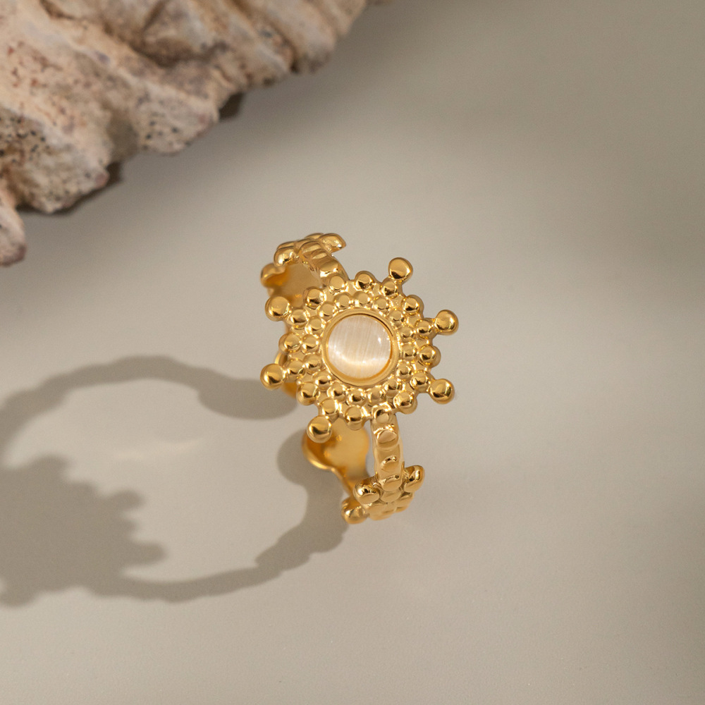 Bague Élégante Pour Femme En Acier Inoxydable, Imperméable Et Ornée D'Une Pierre Naturelle, Avec Motif Floral (1 Pièce). h5Image2