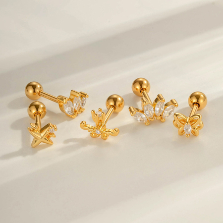 Boucle d'oreille piercing en forme de cœur et de papillon en cuivre et zircon couleur or