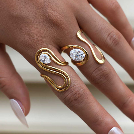 Bague tendance en acier inoxydable doré, forme irrégulière, étanche, ornée d'un zircon. 2