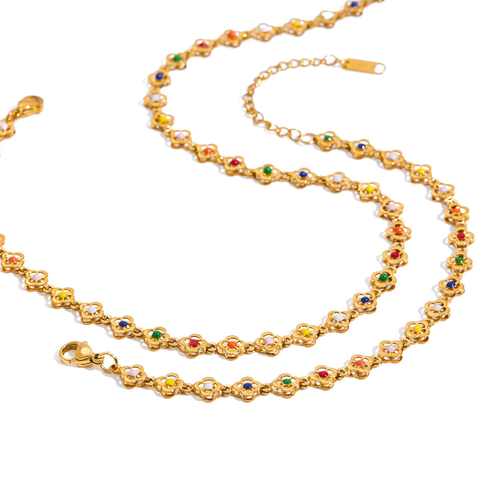 Ensembles De Bijoux Pour Femmes En Acier Inoxydable Doré, Imperméables, Avec Fleurs Colorées Image7