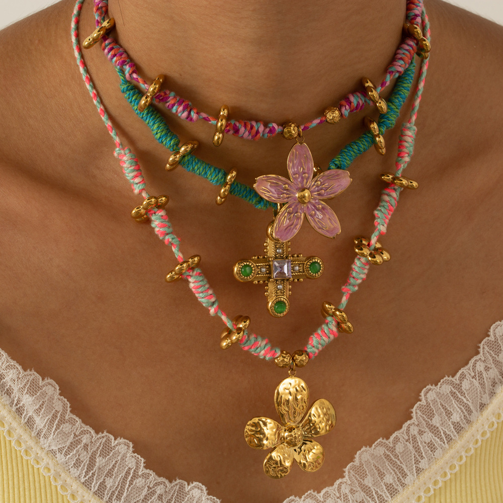 Collier Avec Pendentif En Acier Inoxydable Doré Pour Femme, 1 Pièce, Corde Tissée À La Main, Motif Floral Image5