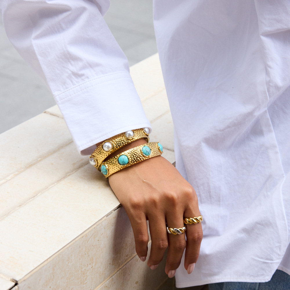 Bracelet Manchette Rétro Rond En Acier Inoxydable Étanche Couleur Or Avec Pierre Naturelle (1 Pièce) Image3