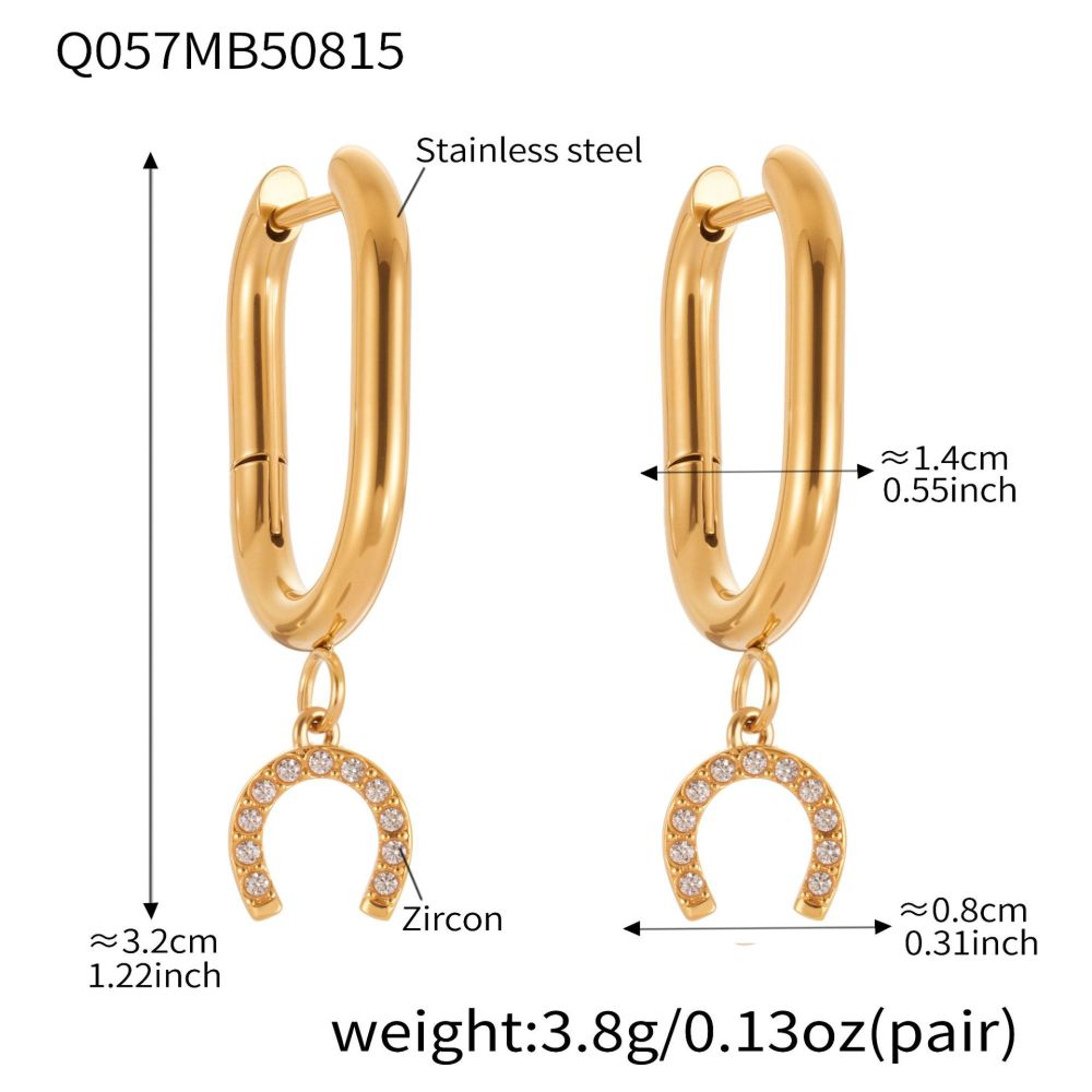 1 Paire De Boucles D'Oreilles Pendantes Luxueuses En Forme De Fer À Cheval, En Acier Inoxydable Étanche Couleur Or Et Zircon. Image2
