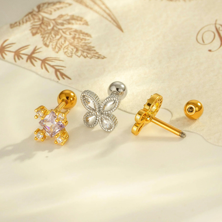 Boucle d'oreille piercing en forme de fleur, couleur cuivre et or, zircone 2