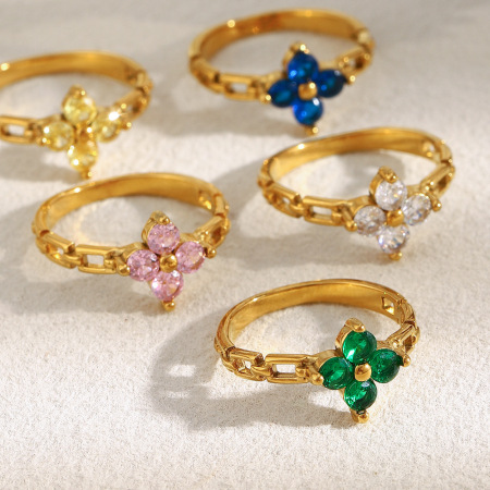 Bague élégante pour femme en acier inoxydable doré, ornée d'un zircon et d'une fleur (1 pièce).