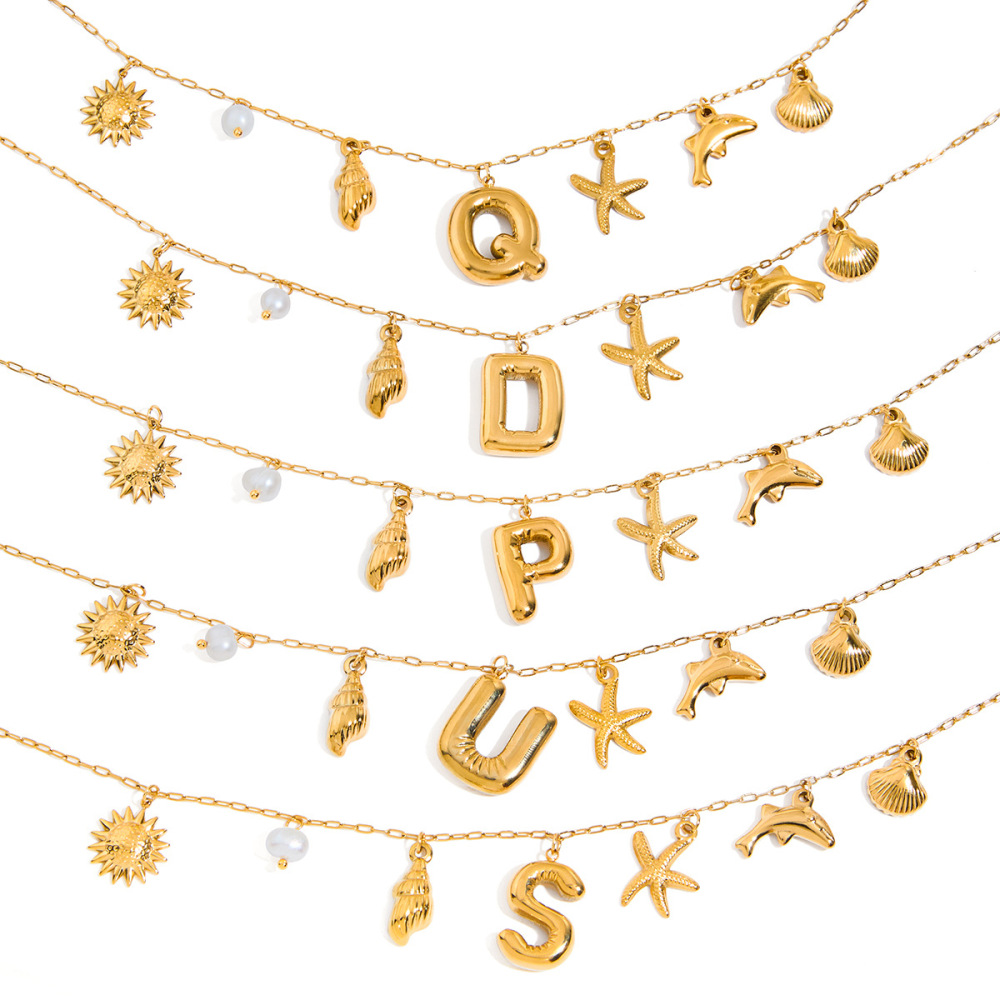 Collier Pendentif Femme En Acier Inoxydable Doré, Étanche, Avec Lettre Brillante (1 Pièce) Image5