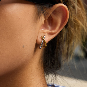 Boucles D'Oreilles Puces Pour Femme, En Acier Inoxydable Doré, Motif Lignes Croisées (1 Paire) h5 Image3