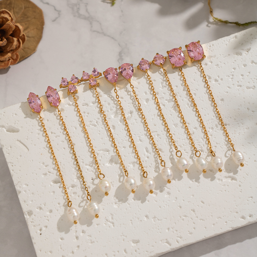 1 Paire De Boucles D'Oreilles Pendantes En Acier Inoxydable De Forme Irrégulière, Étanches, Couleur Or, Serties De Zircon. Image3