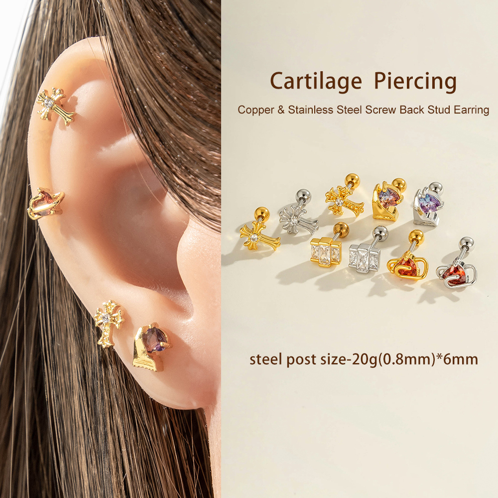 Boucle D'Oreille Piercing En Forme De Cœur, Croix, Cuivre, Couleur Or Et Zircon Image4