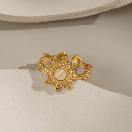 Bague élégante pour femme en acier inoxydable, imperméable et ornée d'une pierre naturelle, avec motif floral (1 pièce).
