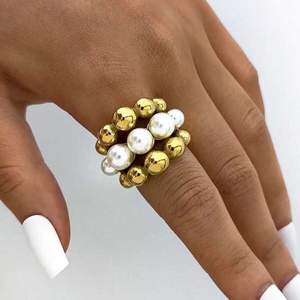 Bague Tendance En Acier Inoxydable Doré, Imperméable, Patchwork Naturel, 1 Pièce, Collection Simple. Image8