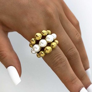 Bague Tendance En Acier Inoxydable Doré, Imperméable, Patchwork Naturel, 1 Pièce, Collection Simple. h5 Image8