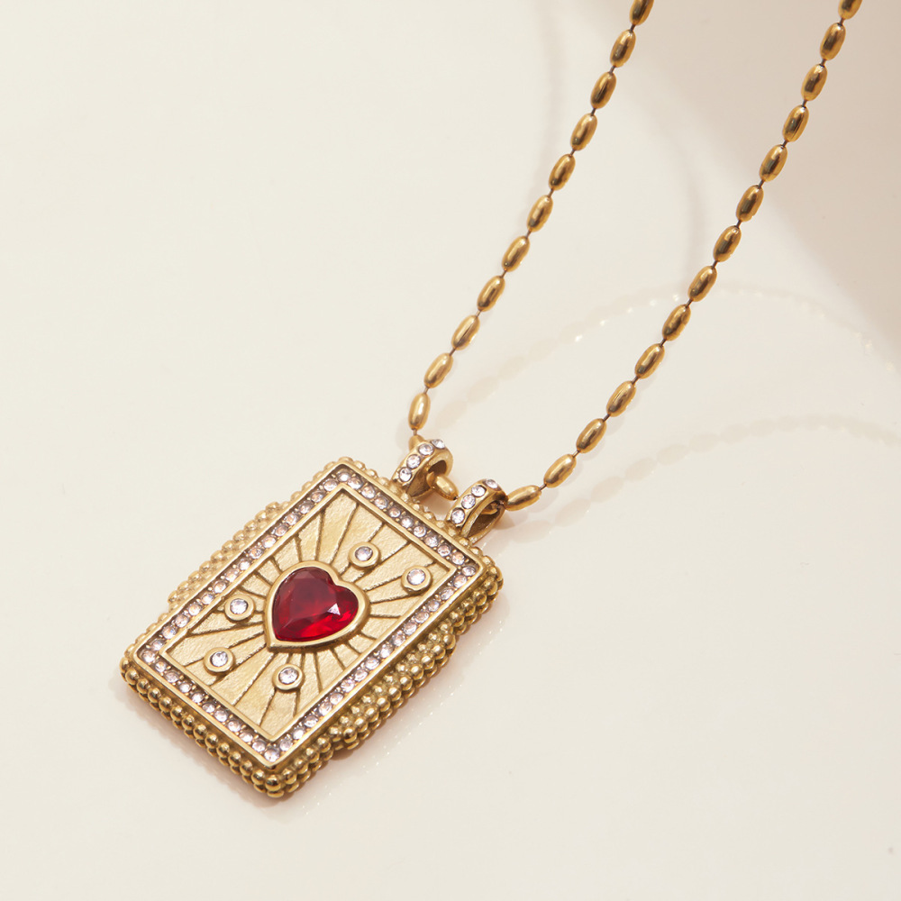 Collier Pendentif Femme Classique En Forme De Cœur, Motif Tarot, En Acier Inoxydable Étanche Couleur Or (1 Pièce) Image5