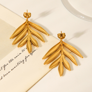 Boucles D'Oreilles Puces Pour Femme, En Acier Inoxydable Doré, Motif Feuille Simple, Imperméables, 1 Paire h5 Image7