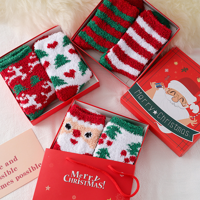 Coffret Cadeau De Noël En Polaire Corail Épaisse Pour Femmes, Chaussettes Mi-Mollet h5Image2