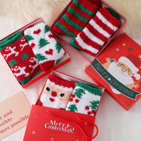 Coffret cadeau de Noël en polaire corail épaisse pour femmes, chaussettes mi-mollet 2