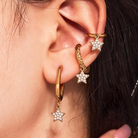 1 paire de boucles d'oreilles pendantes luxueuses en forme d'étoile, en acier inoxydable étanche, couleur or, ornées de zircon.
