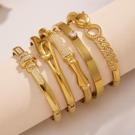 Bracelet jonc pour femme en acier inoxydable doré, imperméable, de forme irrégulière et torsadée, orné de zircon (1 pièce) 2