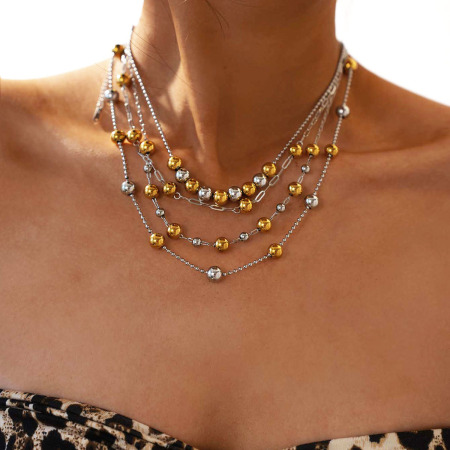 Collier de perles pour femme, simple, en acier inoxydable imperméable, couleurs or et argent mélangés (1 pièce) 2