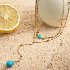Collier Superposé Classique En Acier Inoxydable Doré, Orné D'Une Goutte De Calaïte (1 Pièce) h5 Image3