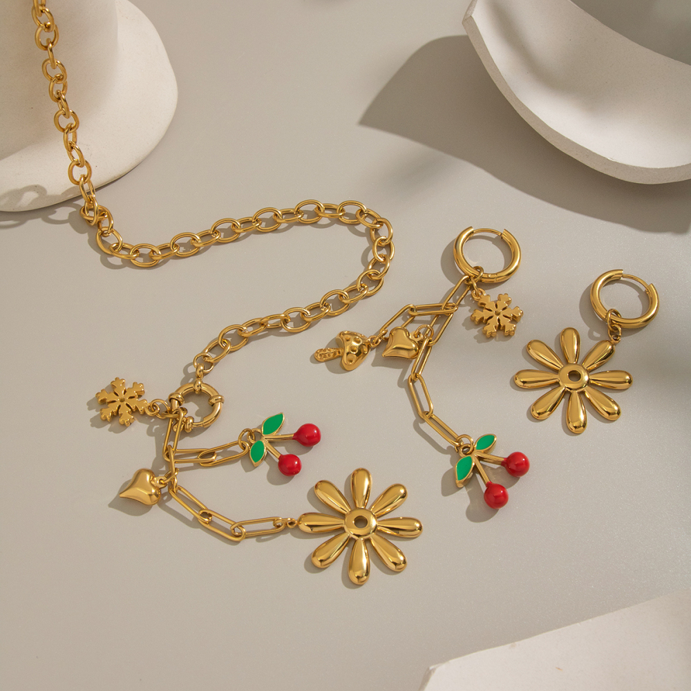 Ensemble Collier Et Collier Romantique En Acier Inoxydable Couleur Or, Orné D'Un Motif De Cerisier. Image3