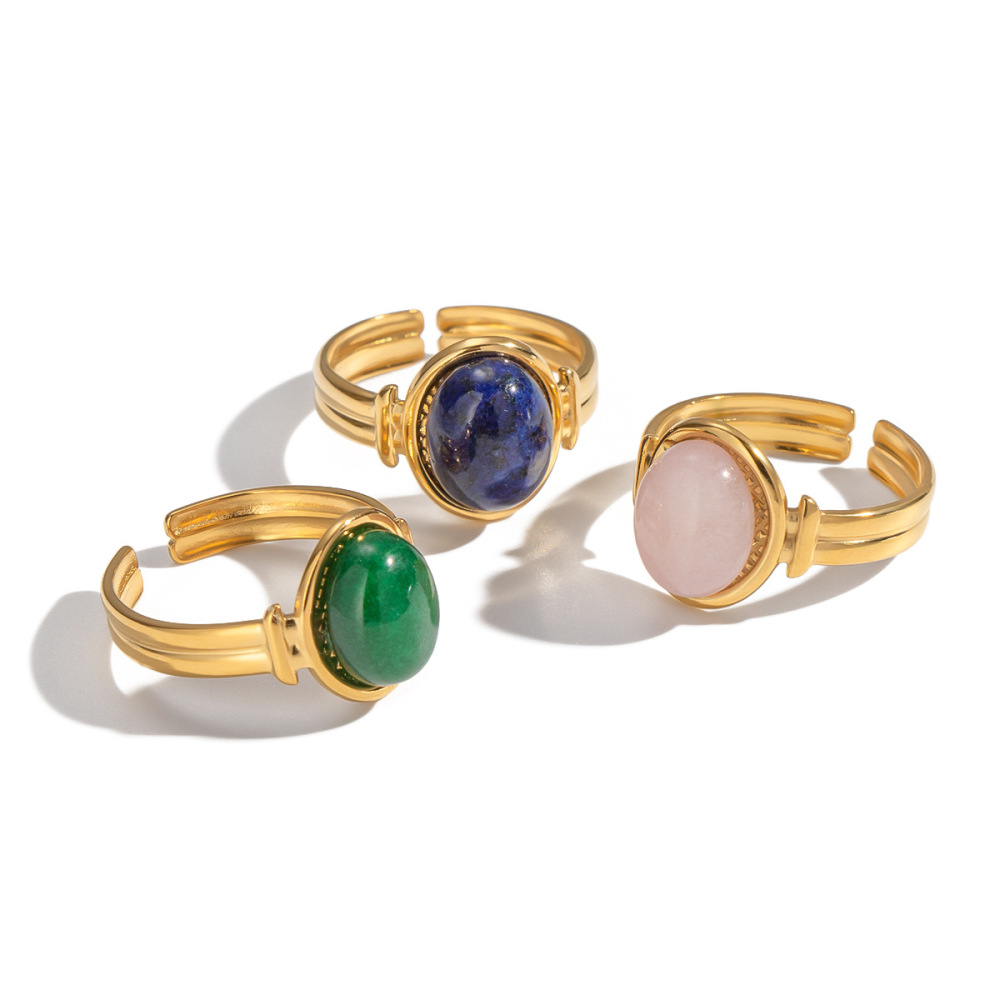 Bague Rétro Ronde En Acier Inoxydable Étanche Couleur Or Avec Pierre Naturelle Pour Femme (1 Pièce) h5Image5