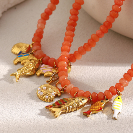 Collier de perles pour femme, 1 pièce, luxueux, en pierres naturelles, couleur or, motif poisson