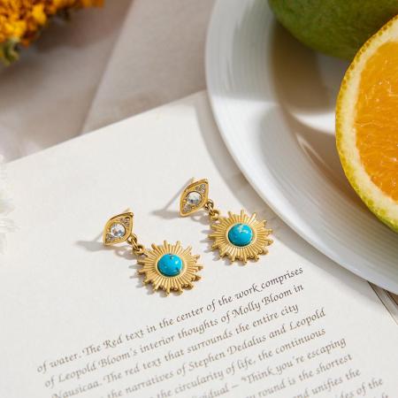 1 paire de boucles d'oreilles pendantes classiques en acier inoxydable, étanches, couleur or, avec calaïte. 2
