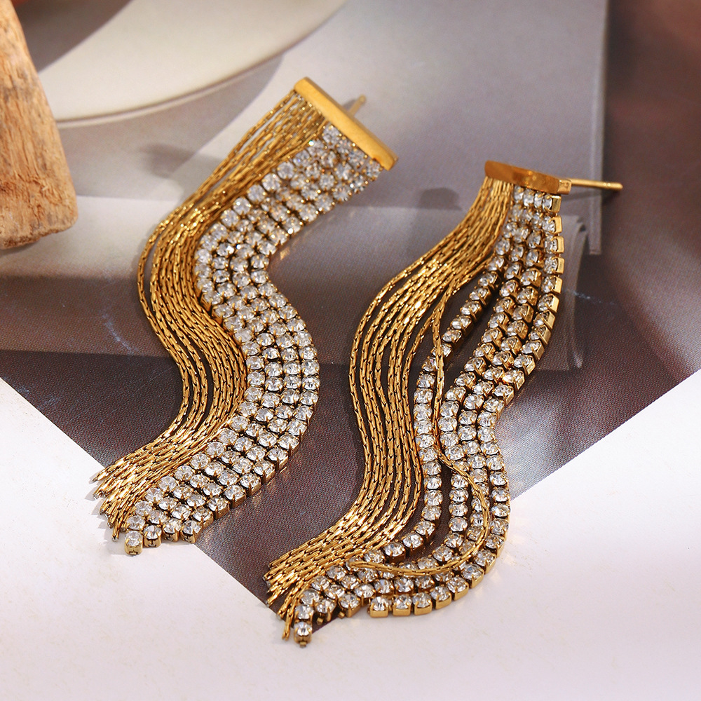 Boucles D'Oreilles De Soirée Pour Femme, 1 Paire, En Acier Inoxydable Doré Imperméable Avec Pompon Et Zircon. Image5