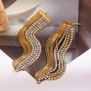 Boucles D'Oreilles De Soirée Pour Femme, 1 Paire, En Acier Inoxydable Doré Imperméable Avec Pompon Et Zircon. h5 Image5