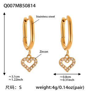 1 Paire De Boucles D'Oreilles Pendantes Pour Femme, En Acier Inoxydable Doré, Ornées De Zircon Et Serties D'Un Cœur Exquis. h5 