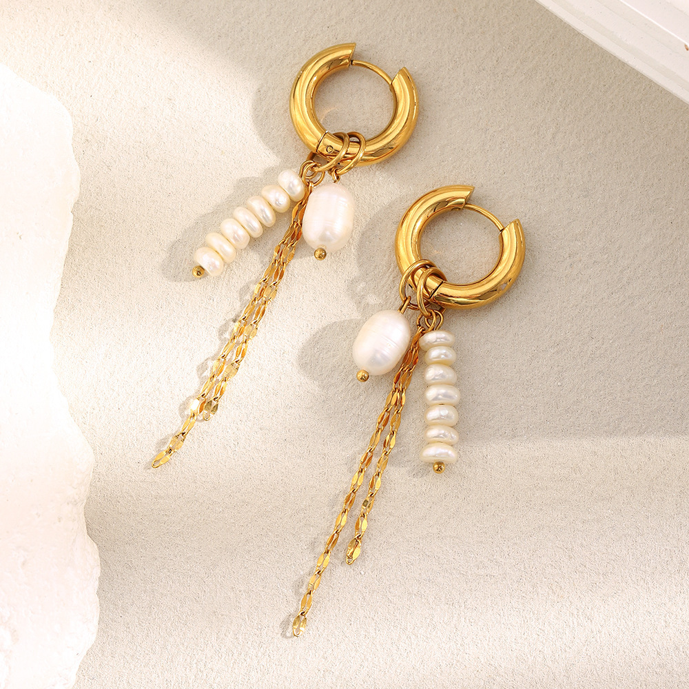 Boucles D'Oreilles Pendantes Élégantes Pour Femme, En Acier Inoxydable Doré, Avec Perles Et Pompons. 1 Paire. h5Image4