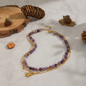 Collier En Acier Inoxydable Étanche Couleur Or Avec Perles De Pierre Naturelle (1 Pièce) h5 Image5