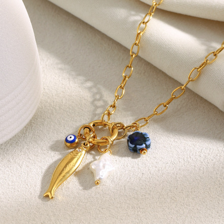 Collier pendentif femme en acier inoxydable doré, motif poisson fantaisie (1 pièce)