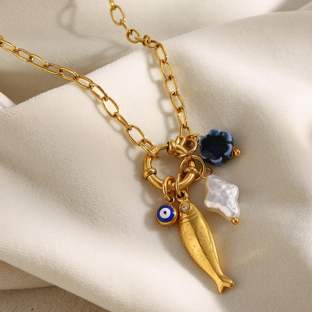 Collier Pendentif Femme En Acier Inoxydable Doré, Motif Poisson Fantaisie (1 Pièce) Image6