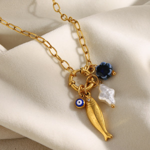 Collier Pendentif Femme En Acier Inoxydable Doré, Motif Poisson Fantaisie (1 Pièce) h5 Image6
