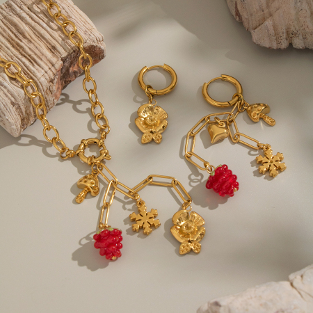 Ensemble de colliers romantiques en acier inoxydable doré avec motif de fleurs et de raisins, imperméables.