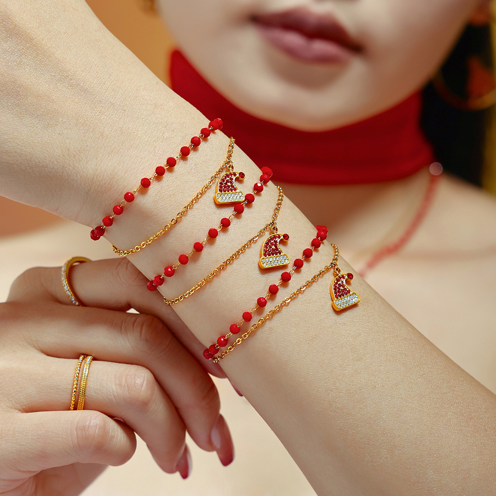 Ensembles De Bijoux Pour Femmes En Acier Inoxydable Imperméable Avec Chapeau De Père Noël Et Zircon Doré Image5