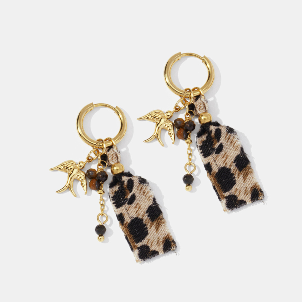 Boucles D'Oreilles Pendantes En Acier Inoxydable Doré, Imperméables, Motif Léopard Et Oiseau, En Tissu Léopard. Image2