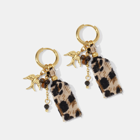 Boucles d'oreilles pendantes en acier inoxydable doré, imperméables, motif léopard et oiseau, en tissu léopard. 2