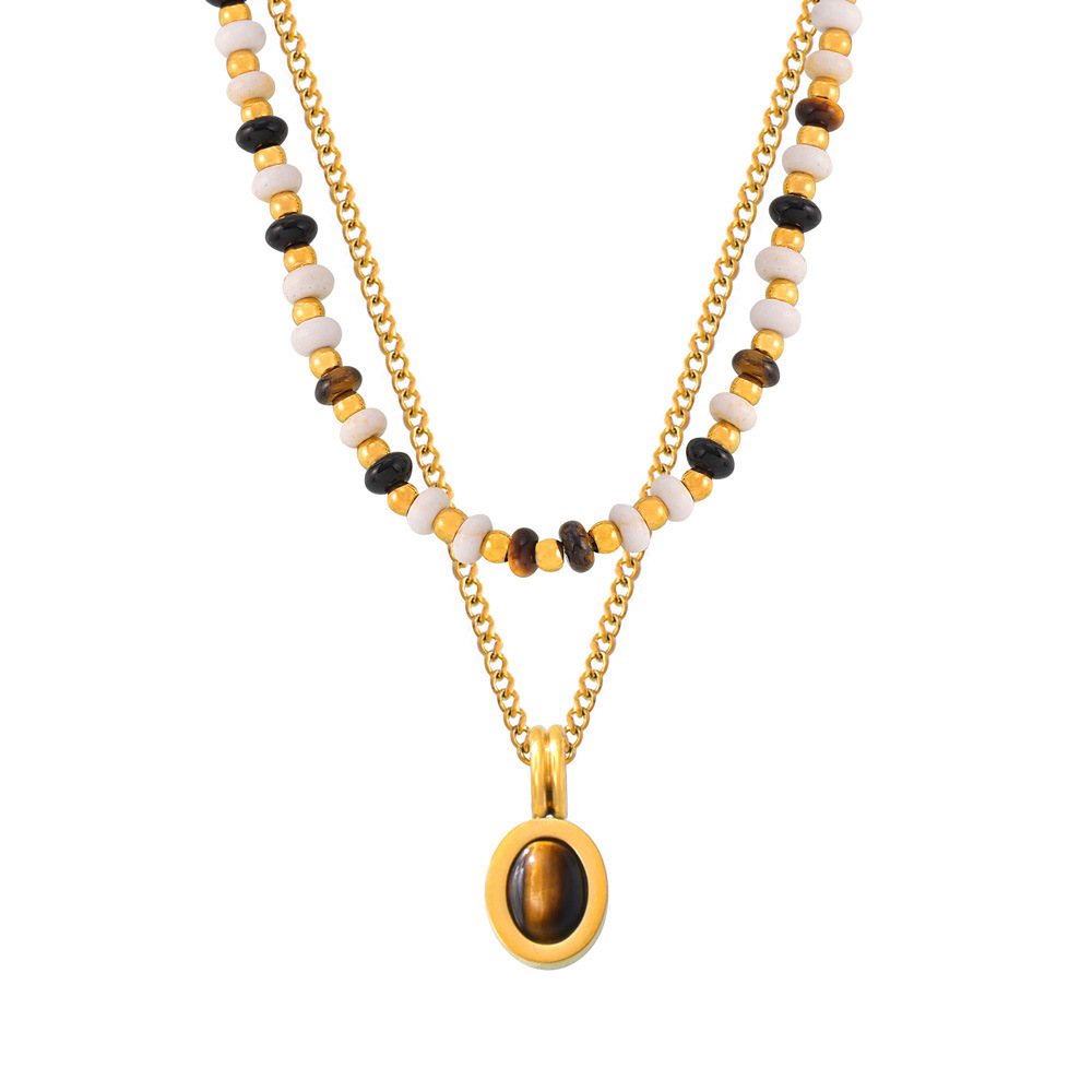 Collier Classique Ovale En Pierre Naturelle, Acier Inoxydable Étanche, Couleur Or, Pour Femme (1 Pièce) 