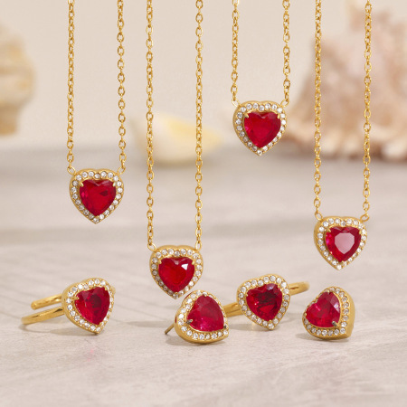 Ensembles de bijoux pour femmes en acier inoxydable étanches avec zircon rouge en forme de cœur 2