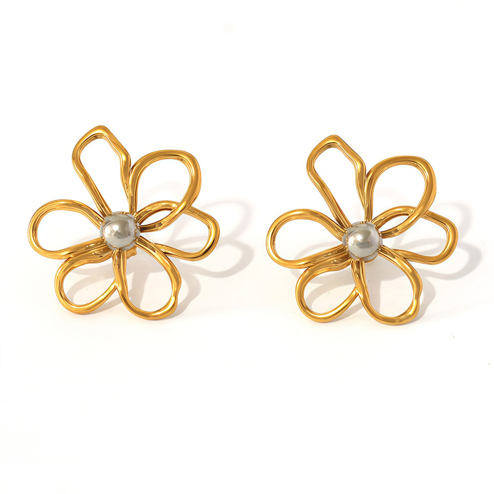 Boucles D'Oreilles Puces Pour Femme, En Acier Inoxydable Doré, Imperméables, Avec Motif Floral Naturel Simple (1 Paire).