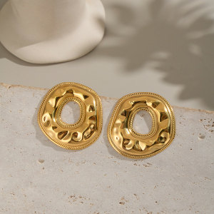 1 Paire De Boucles D'Oreilles Clous Rondes En Acier Inoxydable Imperméables, Motif Martelé h5 Image5