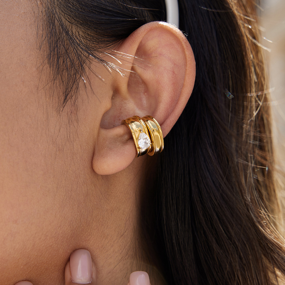 1 Paire De Manchettes D'Oreilles Minimalistes En Forme De Goutte, En Acier Inoxydable Étanche, Couleur Or, Ornées De Zircon. Image5